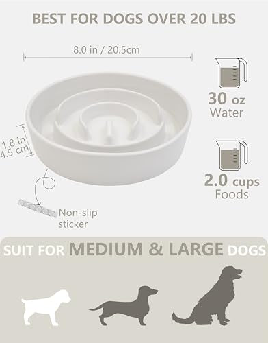 Ceramic Slow Feeder Dog Bowls, 2.0 Cups Slow Feeder for Medium Dogs, Puzzle Maze Bowl to Slow Down Eating, 30oz, 8in, White - color: White, size: 8 Inches