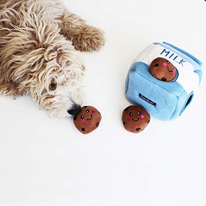 ZippyPaws Burrow- Interactive Dog & Puppy Toys for Boredom, Stimulating Pet Products to Keep them Busy, Hide & Seek Plush Puzzles, Squeaky Toy for Enrichment, For Small & Medium Dogs- Milk and Cookies - style: Milk & Cookies