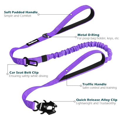 Heavy Duty Tactical Dog Leash, 5 FT Bungee Shock Absorption Leash with 2 Padded Handles, Quick Release Metal Clip, Car Seatbelt, No Pull Training Lead for Large Medium Dogs（Purple） - color: Purple