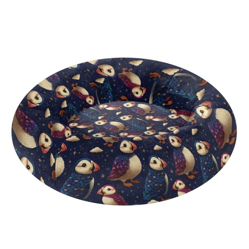 Calming Donut Dog Bed Puffins Blue Purple Design, 22" Washable Pet Lounger with Removable Cover, Cozy Cushion Comfort Nest for Medium Dogs - size: Medium