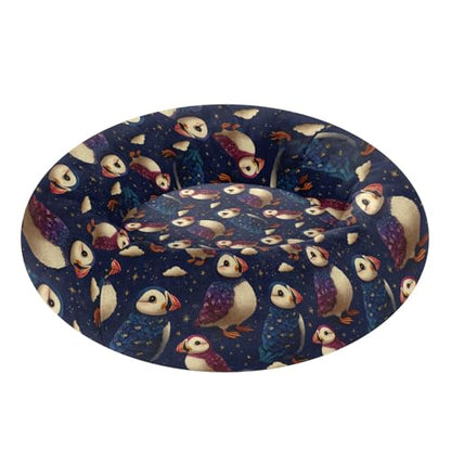 Calming Donut Dog Bed Puffins Blue Purple Design, 22" Washable Pet Lounger with Removable Cover, Cozy Cushion Comfort Nest for Medium Dogs - size: Medium