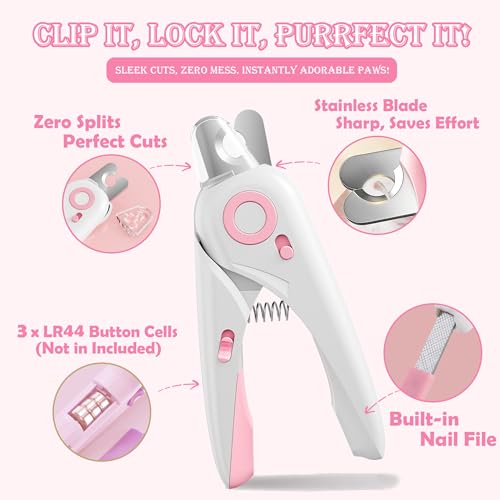 Self Cleaning Cat Brush for Shedding, LED Light Nail Clipper, Nail Clipper and Nail File, Slicker Brushes and Nail Trimmer for Long Haired Cats, Grooming Kit, Cat Lover Gifts - color: Pink