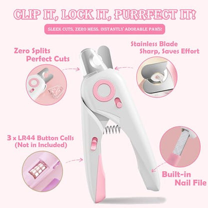 Self Cleaning Cat Brush for Shedding, LED Light Nail Clipper, Nail Clipper and Nail File, Slicker Brushes and Nail Trimmer for Long Haired Cats, Grooming Kit, Cat Lover Gifts - color: Pink