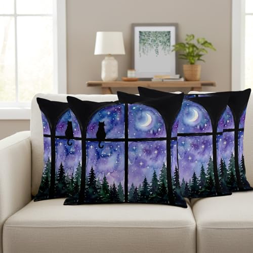 Throw Pillow Covers Set of 4 Night Window View Decor Pillow Covers with Zipper Cat Moon Forest Starry Sky Pillowcase Cushion Cover for Sofa Couch Bed Home 16x16 Inch - color: Blue, Purple, Black, size: 16" x 16" (Pack of 4)