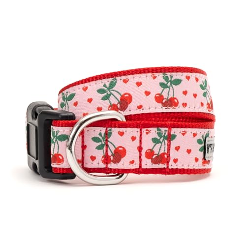 THE WORTHY DOG Everyday Cherries Jubilee Collar – Comfortable, Durable Nylon Webbing with Woven Ribbon, Strong Quick-Release Buckle & Nickel-Plated D-Ring – Pink, X-Small - color: Cherries Jubilee - Pink, size: X Small