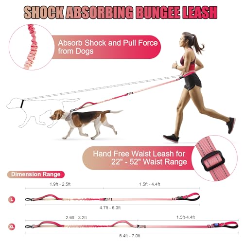 Heavy Duty Hands Free Dog Leash, 5-7 FT Reflective Adjustable Waist Dog Leash Belt with Padded Handles, Shock Absorbing Bungee and Car Seat Belt for Large Medium Dogs (Gradient Rose, XL) - color: Gradient Rose