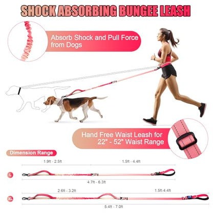 Heavy Duty Hands Free Dog Leash, 5-7 FT Reflective Adjustable Waist Dog Leash Belt with Padded Handles, Shock Absorbing Bungee and Car Seat Belt for Large Medium Dogs (Gradient Rose, XL) - color: Gradient Rose