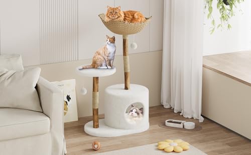 Modern Cat Tree Tower, Natural Solid Wood & Rattan Design with Woven Basket & Condo, Multi-Level Cat Activity Center for Indoor Cats, Aesthetic Pet Furniture - size: Small