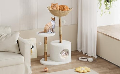 Modern Cat Tree Tower, Natural Solid Wood & Rattan Design with Woven Basket & Condo, Multi-Level Cat Activity Center for Indoor Cats, Aesthetic Pet Furniture - size: Small