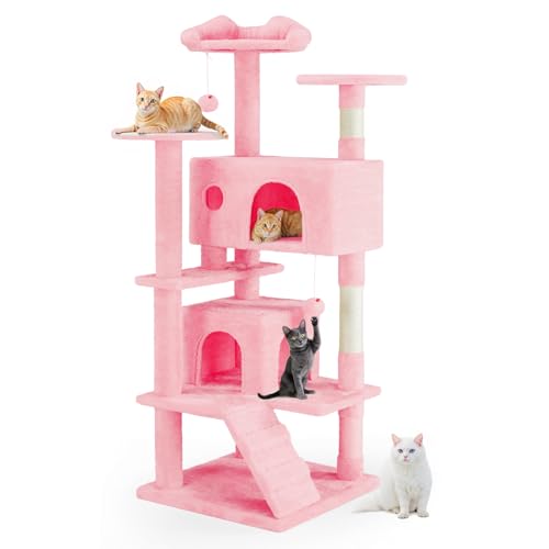 Cat Tree 54 Inch, Multi-Level Cat Tower with Condo, Perches, Sisal Scratching Posts and Climbing Ladder, Pet Play Toy Balls House for Indoor Cats, Pink - color: Pink, size: 54IN