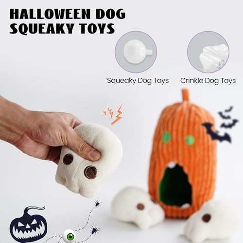 Nocciola Halloween Dog Toys 4 PCS, Pumpkin + 3 Skull Squeaky Dog Toy for Small Puppy Dog to Keep Them Busy, Durable Plush Hide and Seek Dog Toys for Small Medium Dogs - style: Pumpkin & Skulls