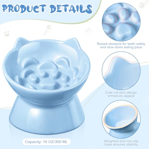 Funnymoom 2 Pcs Ceramic Raised Slow Feeder Cat Bowl, 5.91inch Elevated Cat Slow Feeder Bowl Tilted Anti Vomiting for Dry Wet Food and Water Easy to Clean High Edge(Dark Green, Blue) - color: Dark Green, Blue