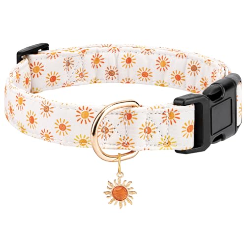 Personalized Dog Collars,Adjustable Puppy Collars with Safety Buckle for Small Medium Large Dogs,Cute and Unique Pink Cherry Pattern Pet Collar for Boy Girl Dogs. (Beige Sun, S) - color: Beige Sun, size: S
