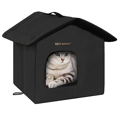 Rest-Eazzzy Cat House for Outdoor Cats, Weatherproof and Insulated Feral Cat House with Mat and Canopy, Easy to Put Together, Selfwarming Cat Shelter for Winter(13 * 13 * 14" Black with Support) - color: black, size: waterproof house-S