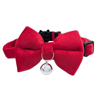 Velvet Red Bow Cat Collar with Breakaway Safety Buckle, Adjustable Fit for Adult Cats - color: Red