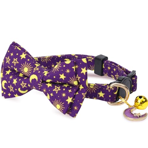 2 Pack Cotton Cat Collar with Bow Tie and Bell for Girl Boy Cats,Cute Pink Flamingo and Blue Whale Pattern Spring Summer Breakaway Cat Collar for Male Female Cats (Moon&Cloud) - color: Moon&Cloud