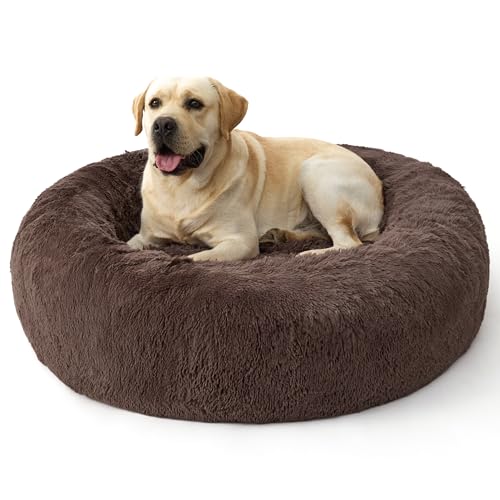 Bedsure SupportMax™ Calming Dog Bed for Extra Large Dogs - 45in Donut Washable Large Pet Bed, Anti-Slip ＆Removable Cover,420GSM Round Anti-Anxiety Fluffy Plush Faux Fur, Fits up to 100lbs Pets - color: Chestnut Brown, size: XL(42x42x9)