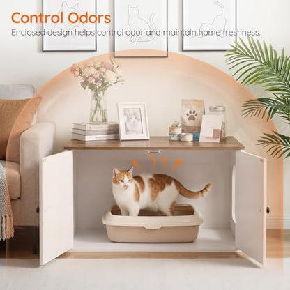 HOOBRO Cat Litter Box Enclosure, Hidden Litter Box Furniture with Side Entry, Litter Box Cabinet, Indoor Cat House, End Side Table, 31.5" L x 17.7" W x 16.3H, for Bathroom, White and Walnut WH40MW01 - color: White + Walnut