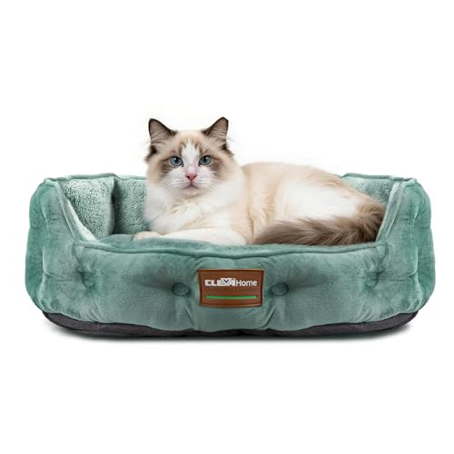 ClevaHome Upgrade Plush Faux Fur Cat Bed - Washable Round Cat Beds for Indoor Cats, Small Dog Bed for Pets up to 15lbs, Reversible Cushion, Non-Slip Bottom (Washed Green) - color: Upgraded Plush Washed Green, size: 20"L x 19"W x 6"Th