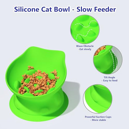 Slow Feed Cat Bowl, Elevated Cat Food Dish with Tilted Design, Dual-Use for Dry and Wet Food, Anti-Vomit, Anti-Choking, Easy to Clean - color: Green, size: Big
