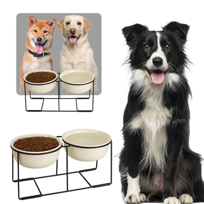 Ceramic Elevated Dog Bowl Set - Raised Double Feeding Bowls with Metal Stand - Pet Dishes for Medium and Large Dogs - 5.8 Cups - 47.3 fl oz - Beige - color: Beige, size: XL-800ml
