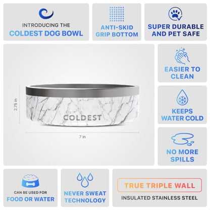 Coldest Dog Bowl - Anti Rust Metal & Non Slip Dog Bowls Large, Spill Proof Heavy Duty 3 Layers Insulated Dog Bowl - Food and Water Bowl for Dogs, Cats & Pets, Dishwasher Safe (42 oz, Carrara Marble) - color: Carrara Marble, size: 42 oz