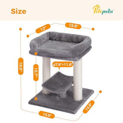 PETEPELA 19" Scratching Post, Cat Tree Tower, 100% Natural Sisal Scratcher With Large Plush Top Perch Bed, Cozy Platform for Kittens and Cats - color: Classic Grey