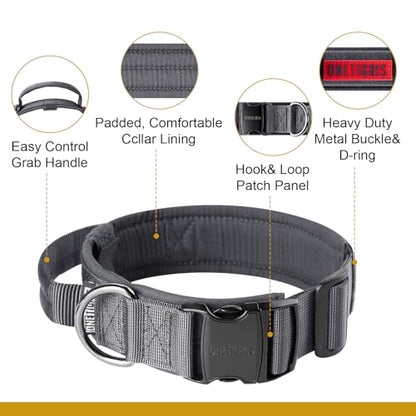 OneTigris Tough Dog Collars, Tactical Dog Collar with Handle, Milltary Adjustable Dog Collar with Heavy Duty Metal Buckle for Training (Gray, S) - color: Gray, size: S