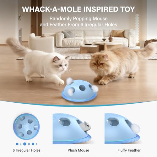 Pawingcat Automatic Cat String Toy 6 Holes Whack a Mole Cat Toy with Plush Running Cat Mouse Toy Hide and Seek Interactive Cat Toys for Indoor Cats（Blue） - color: Blue
