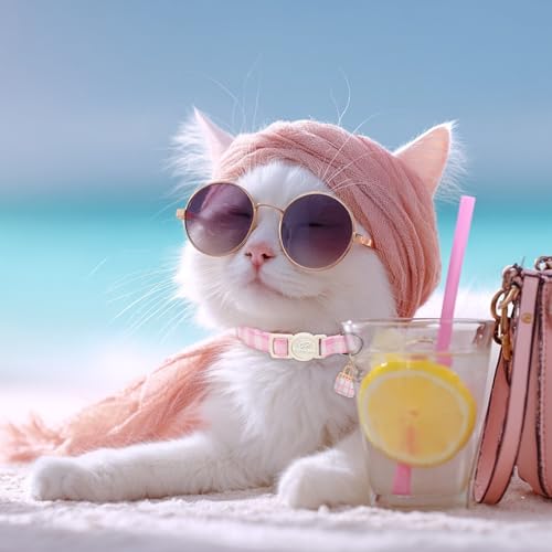 2 Pack Pink Cat Collars - Summer Breakaway Girl Cat Collars, Adjustable Kitten Safety Collar for Small Dogs Puppy, Cute Plaid & Mermaid Pet Collar with Bell & Pendant - color: Pink Plaid&Mermaid