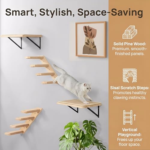 Cat Climbing Shelves Four Stair Shelf Wall Mounted Reversible Left & Right Direction, Cat Stairway Shelf for Climbing with Sisal Rope Ladder Wall Pets Furniture - color: 1 Piece