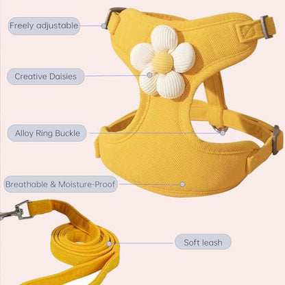 Cute Small Dog Harness with Daisy Embroidery, Breathable Dog Vest Adjustable Pet Puppy Harness Suitable for Walking, Running, Training, Everyday Wear - color: Yellow, size: XS