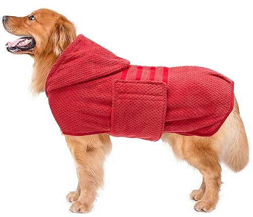 Geyecete Dog Drying Coat with Hood for After Bath Bathrobe Towel Dog Drying Coat for Wet Walking in Rain/Snow-Dry Fast Dog Bag-Pineapple Grid Fast Drying-Red-S - color: Red(Pineapple grid Hood), size: Small