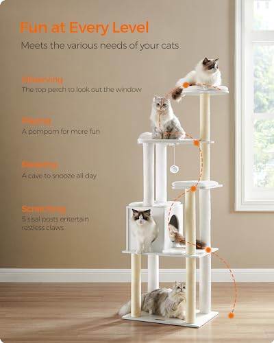 Feandrea Cat Tree, 65-Inch Modern Cat Tower for Indoor Cats, Multi-Level Cat Condo with 5 Scratching Posts, Perch, Washable Removable Cushions, Cat Furniture, Cloud White UPCT166W01 - color: Cloud White