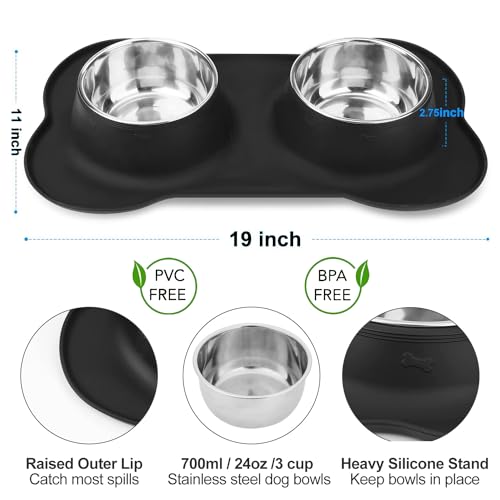 Dog Food Bowls Stainless Steel Pet Bowls & Dog Water Bowls No Spill Non Skid, Feeding Bowls with Dog Bowls Silicone Mat for Small Medium Large Size Dogs, Cat Pet Dog Dishes Set, Black, 3 Cup - color: Black, size: 3 Cup/27 oz each