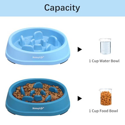 MateeyLife Small Slow Feeder Cat Bowls 2PCS, Anti-Choking Puzzle Cat Food Bowls, Anti-Slip Interactive Dog Feeding Slow Down Eating, Bloat Stop Maze Dishes Dog Feeder for Small Breeds 1 Cup - color: A-LightBlue&DarkBlue, size: Small