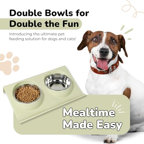 Double Dog Food Bowls Stainless Steel - Puppy Food and Water Bowl Set with Weighted Non-Slip Base - Non-Skid Design - Dog Bowl Set for Puppy Cats Kitten Small Medium Dogs - Green - color: Green