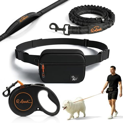 Retractable Hands Free Dog Leash with Zipper Storage Pouch - 3-Piece Bungee Running, Walking & Hiking Leash with Waist Belt - Release Clip, One Button Lock - Reflective Stitching for Medium Large Dogs - color: Q-Leash 3-Piece