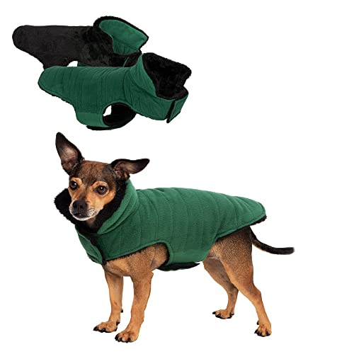 Furhaven Reversible XS Dog Coat, Washable & Insulating w/ Leash Access - Faux Fur & Quilted Fleece Flex-Fit Jacket - Black/Green, Extra Small - color: Black/Green, size: X-Small