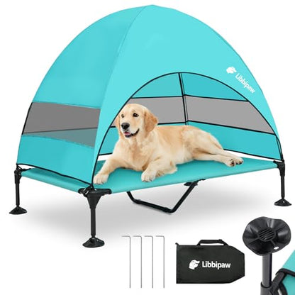 Windproof Elevated Dog Bed with Canopy & Stakes, 3-Sided 90% UV Block, Chew-Proof Teslin Mesh Mat for Large Dogs up to 150lbs(Blue X-Large) - color: Blue, size: X-Large