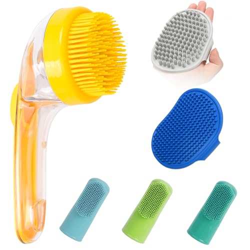 (6 Pcs) ELEGX Pet Grooming Bath Massage Brush with Soap and Shampoo Dispenser Soft Silicone Bristle for Long Short Haired Dogs Cats Shower - color: Yellow kit