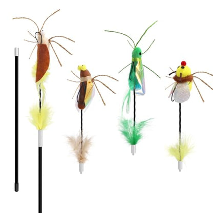 Cat Bug Toy Wand - Cat Teaser Wand Toy with 4 Pcs Cute Insect Feather cat Toy Replacements, Interactive Cat Toys Bug for Indoor Cats Kittens - color: Bugs