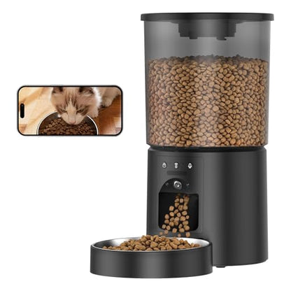 Miaosical Automatic Cat Feeder with Camera,WiFi Cat Food Dispenser with App Control,1080P HD Video,Two-Way Audio, Transparent 4.2L Food Container (Black) - color: Black