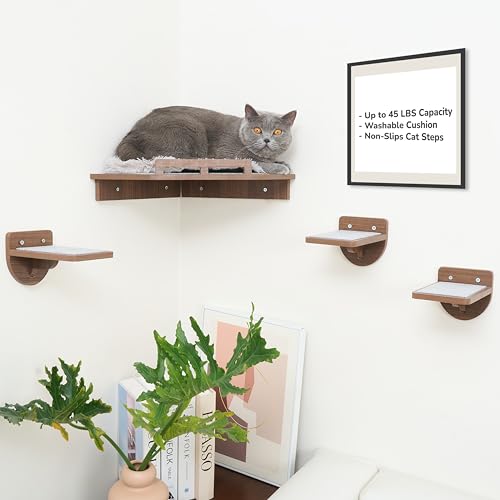 45LBS Cat Wall Shelves with 3 Non-Slips Steps, Space-Saving Mounted Cats Walls Furniture & Shelf with Washable Cushion for Climbing, Indoor Shelf for Large Cats (Brown, Cat Corner Shelves) - color: Brown, size: Cat Corner Shelves