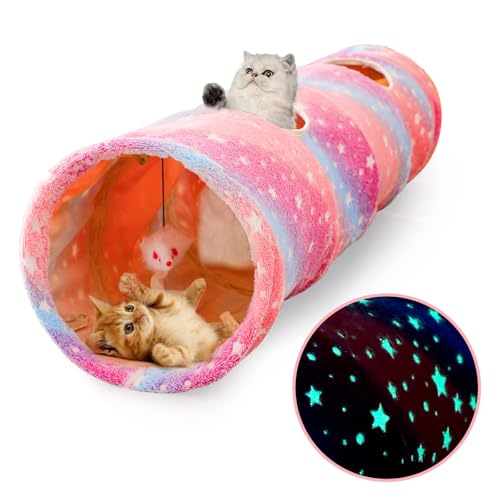 Cat Tunnels for Indoor Cats with Plush Toys Collapsible Glows in The Dark Dog Cat Tunnel Tube Toys Photoluminescent for Indoor Cats Small Dogs Puppy Kitten Rabbit Bunny Ferret Pet Rainbow - color: Rainbow