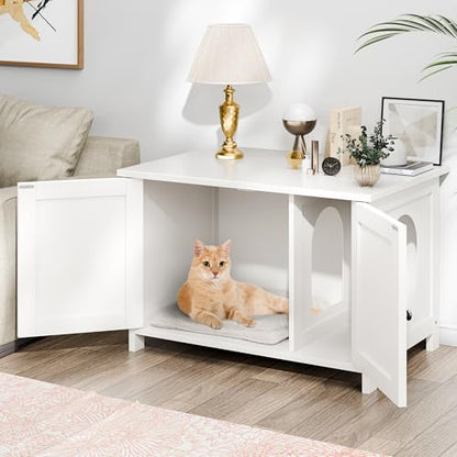 Shintenchi Cat Litter Box Enclosure, Litter Box Furniture Hidden with Removable Divider, Cat House with End Table, White, 31.5 inch - color: White
