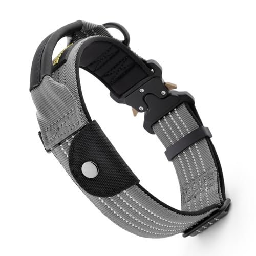Plutus Pet Tactical Dog Collar with Tracker Pocket for AirTag, Adjustable Reflective Nylon Collar, Metal Buckle, Leather-Wrapped Handle, Soft Padded for Medium Large Dogs (Gray, M) - color: Gray, size: M