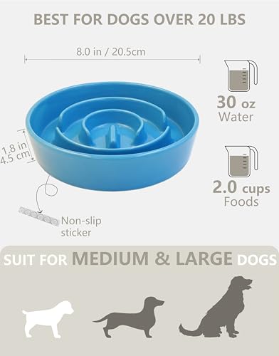 Ceramic Slow Feeder Dog Bowls, 2.0 Cups Slow Feeder for Medium Dogs, Puzzle Maze Bowl to Slow Down Eating, 30oz, 8in, Blue - color: Blue, size: 8 Inches