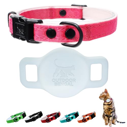 OutdoorBengal Breakaway Cat Collar + Airtag Holder, No Bell - Compatible Silicone Case, Breakaway Airtag Cat Collar for Apple Air Tag - Waterproof Tracking Collars for Boy, Girl, Cats, Kittens (Pink) - color: Famingo Pink