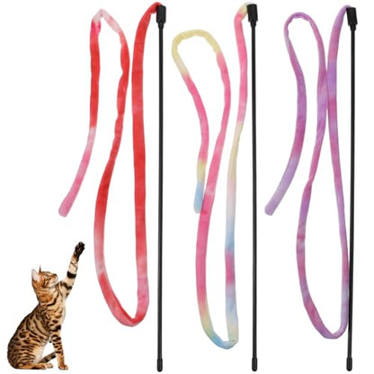 3 Pack Cute Cat Toy Wands Interactive Cat String Toys for Indoor Cats, Colorful Ribbon Cats Teaser Wand Ribbon Toys